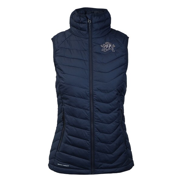 columbia winter vest, embroidered aggie bull logo, navy